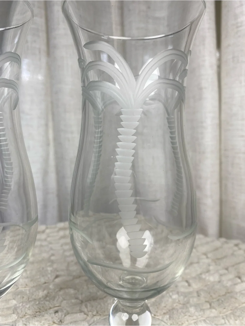 Rolf Glass Etched Palm Tree Hurricane Cocktail Glasses - Pair of 2